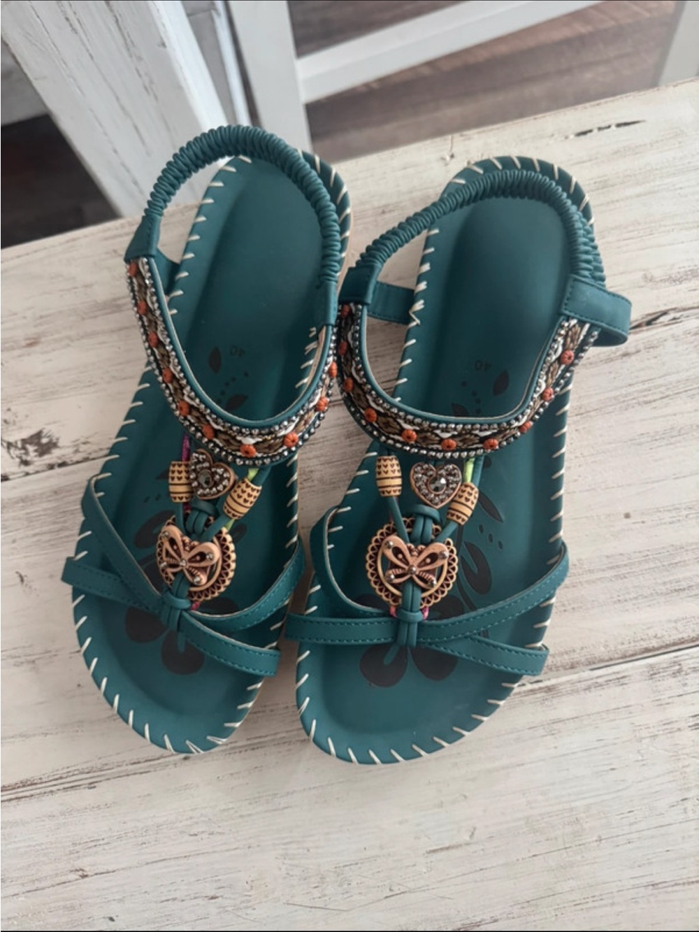 BOHO Teal Beaded Women's Sandals with Heart Charm”nwot”US: 9-9.5 UK:40
